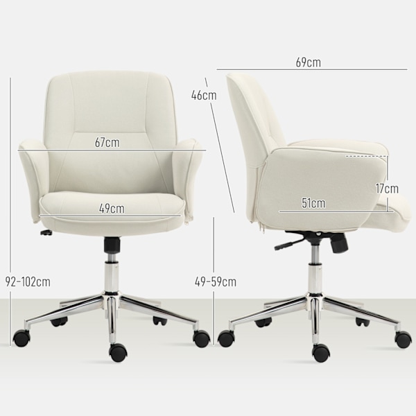 Kontorstol med vippefunktion, skrivebordsstol, højdejusterbar drejestol, ergonomisk arbejdsstol, moderne, kan holde op til 120 kg, mikrofiber, cremehv