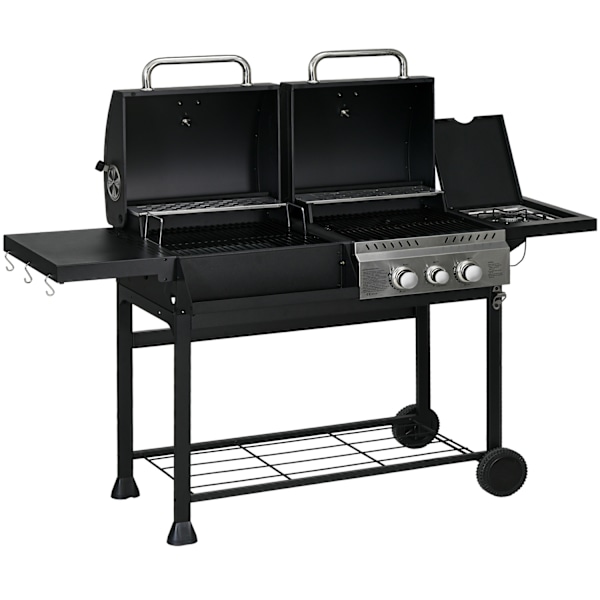 Kaasugrillivaunu 2+1 Polttimella, Lämpömittari, 3Kw, Bbq Hiiligrilli, Hylly, Sivuhylly, Koukku, Leirintäalue, Musta