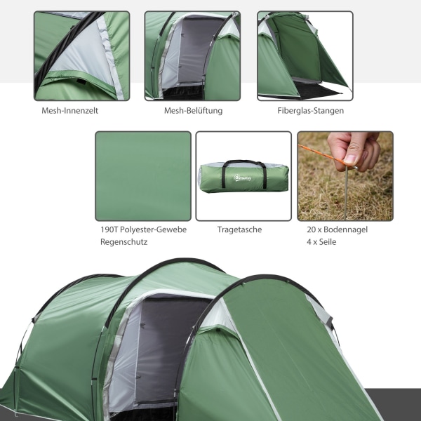 Tunneliteltta 2-3 Hengelle 190T Camping Teltta Tapilla, Lasikuitu & Polyesteri, Tummanvihreä, 426X206X154Cm