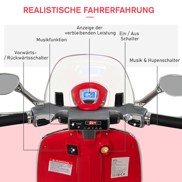 Elbil, Børnekøretøj, Børnemotorcykel, Elmotorcykel Med Mp3 Musikbelysning, 3-6 År, Pp, Rød, 108 X 49 X 75 Cm