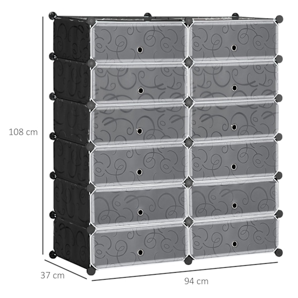Skoskab med 12 rum, modulopbygget hylde til 12 par sko, DIY plug-in hylde, skoopbevaring til entre, sort, 49 x 37 x 108 cm