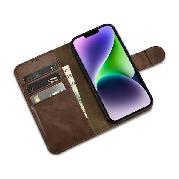2-i-1 læder Flip Cover iPhone 14 Anti-RFID olievoks pung etui mørkebrun