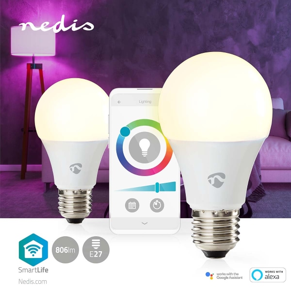 SmartLife Fuld Farve Pære | Wi-Fi | E27 | 806 lm | 9 W | RGB / Varm til kølig hvid | 2700 - 6500 K | Android™ / IOS | Pære | 2 stk.