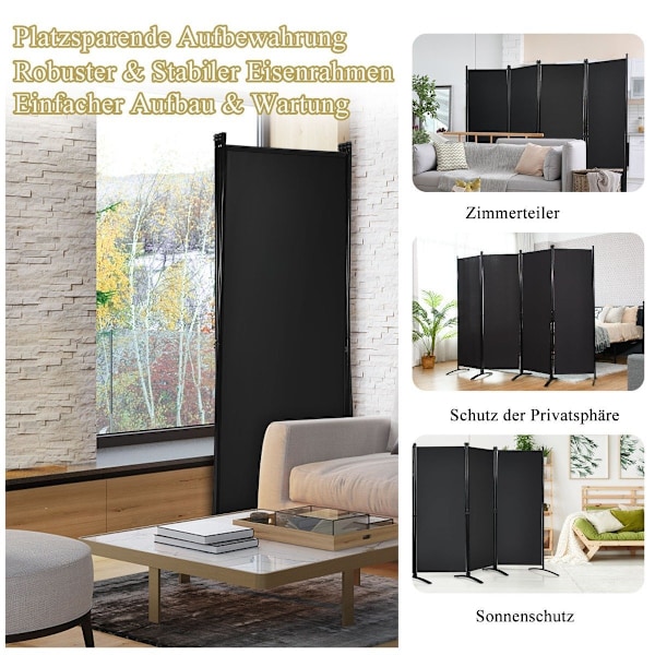 4-delt foldbar skillevæg privatskærm til hjemmet, kontor 220 x 51 x 173 cm sort