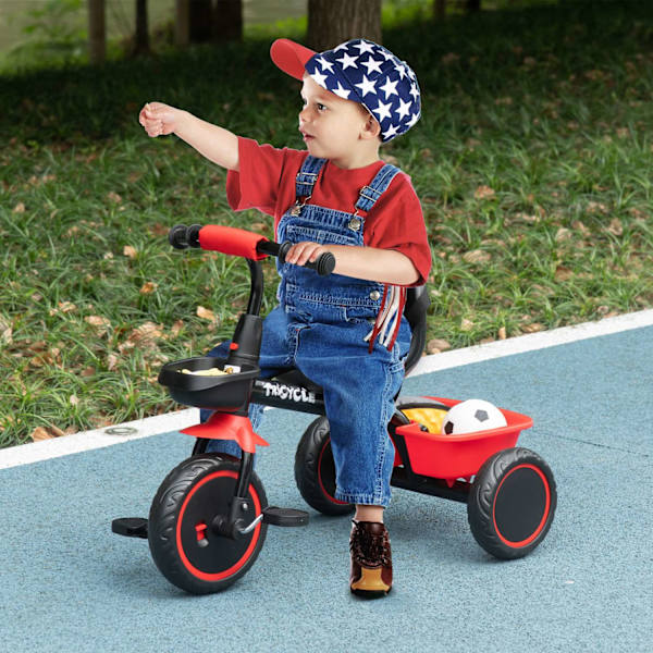 Trehjuling, barntrehjuling, barncykel med höftbälte, pedaler, cykelkorg, barncykel med höj- och sänkbar sits, för 2-5 år