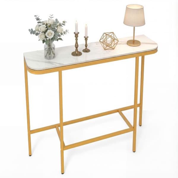Sofakonsolbord, bordplade i imiteret marmor, metalstel, 110 cm