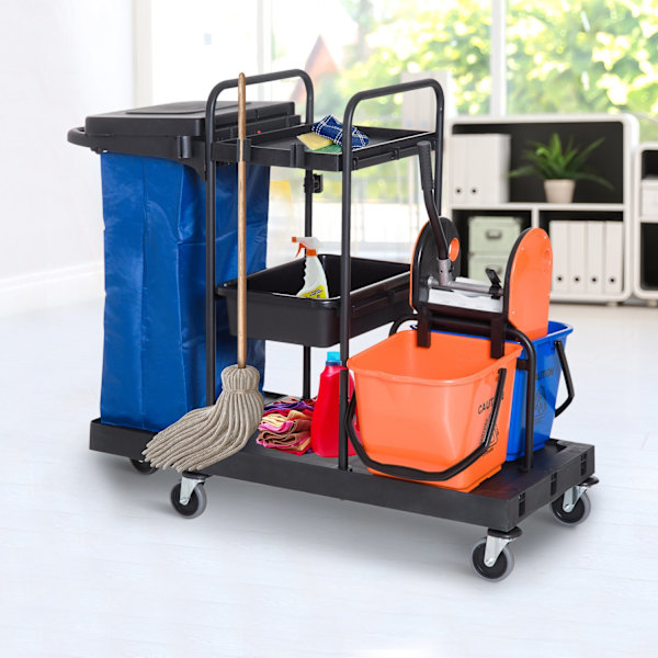 Rengøringsvogn rensevogn med 4 hjul, systemvogn til professionel rengøring, sort/blå/orange, 111x63,3x103cm