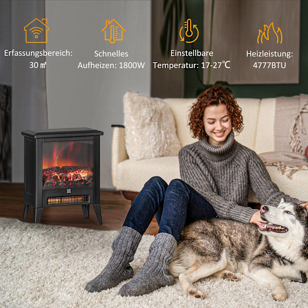 Elektrisk pejs Elektrisk pejs med varmelegeme, LED-flammeeffekt, 1800W Fritstående pejs med lav støj, Overophedningsbeskyttelse til stue, soveværelse,