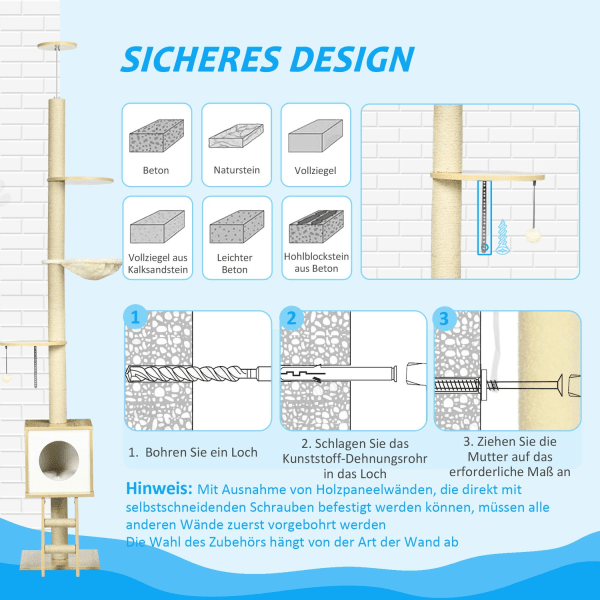 Skrapstolpe Tak Högt 240-260 Cm, Med Katthus & Hängmatta, Ljusbrun + Beige