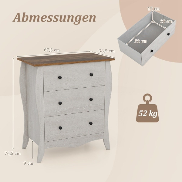 Kommode med 3 folde stofskuffer, skænk i landlig stil, gråt skuffeskab