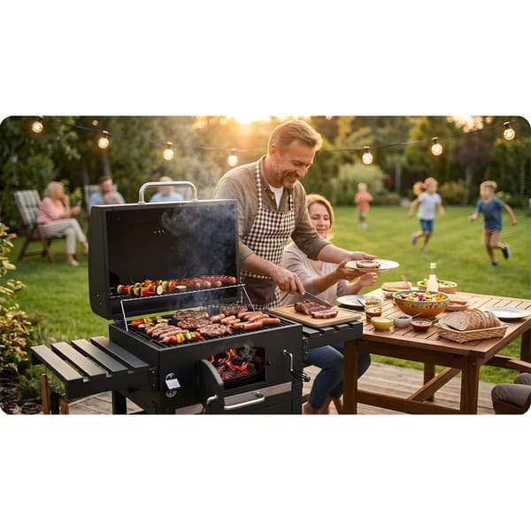 Kulgrill med skorsten, støbejernsrist, termometer