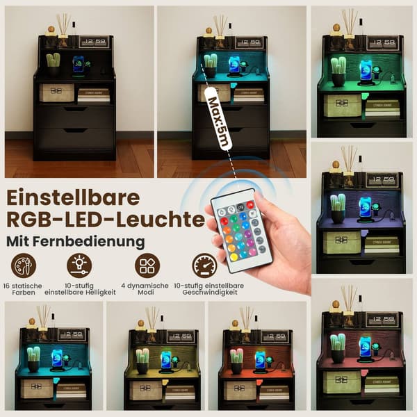 LED-natbord med ladestation, 2 skuffer, sort