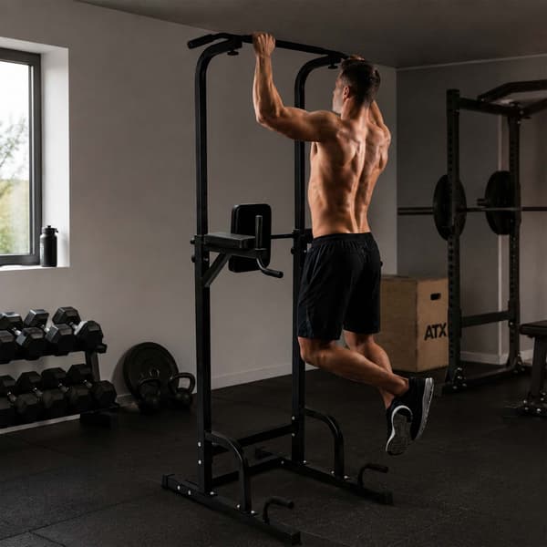 Power Tower til hjemmegym, justerbar højde, sort stål