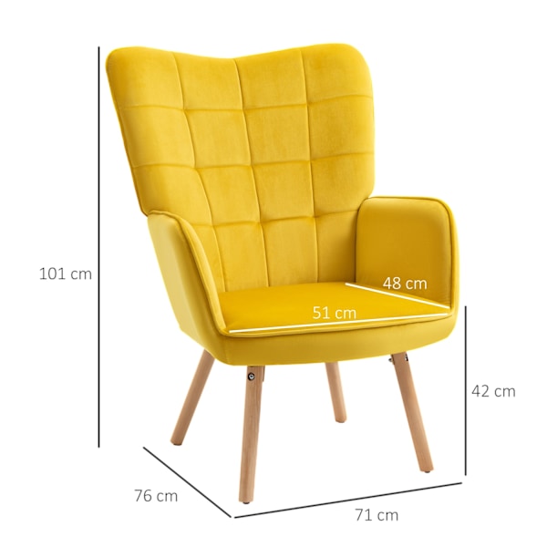 Nojatuolisiipituoli käsinojilla, puurunkoinen pehmustettu lepotuoli Velvet Lookilla, lepotuoli olohuoneeseen, makuuhuoneeseen, keltainen