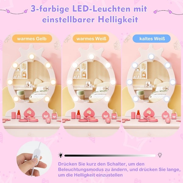 Sminkbord för barn med belysning 2 i 1 princess sminkbord med avtagbar spegel vit