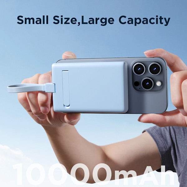 Magneettinen varavirtalähde 10000mAh 20W jalustalla + Lightning-kaapeli - USB-C sininen