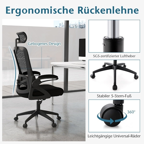 Ergonomisk kontorstol med justerbar lændestøtte &amp; Nakkestøtte computerstol sort
