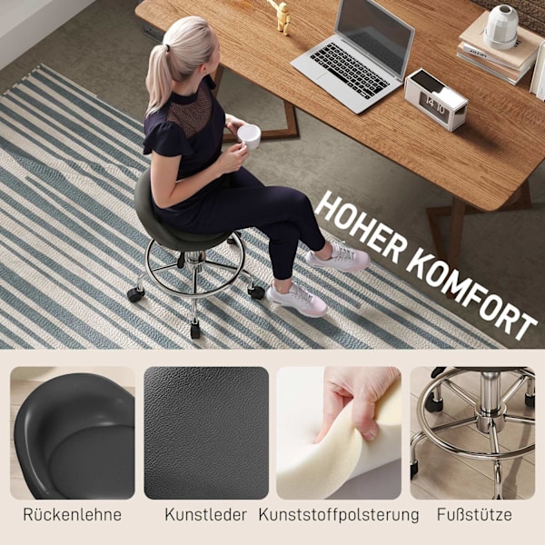 Pyörivän jakkaran korkeus säädettävissä selkänojalla kääntyvä jakkara 59-75 cm työjakkara 360° pyörivä jakkara toimistojakkara hierontakylpylä musta