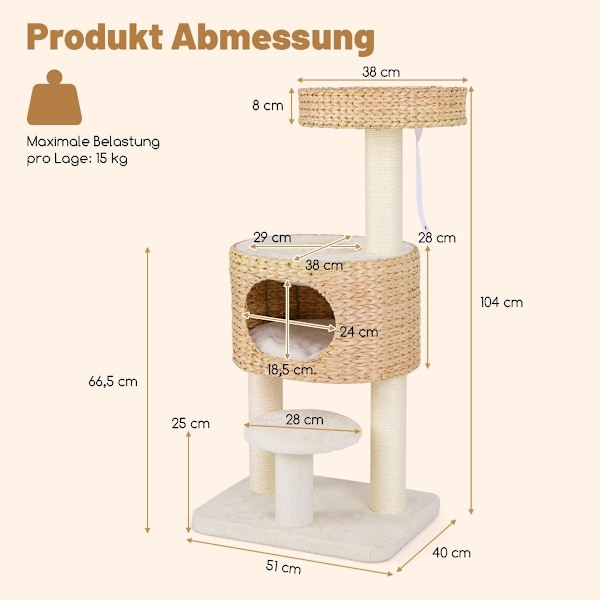 Kradsestolpe med kattehule 104 cm højt kattetræ med aborre & platform beige + natur