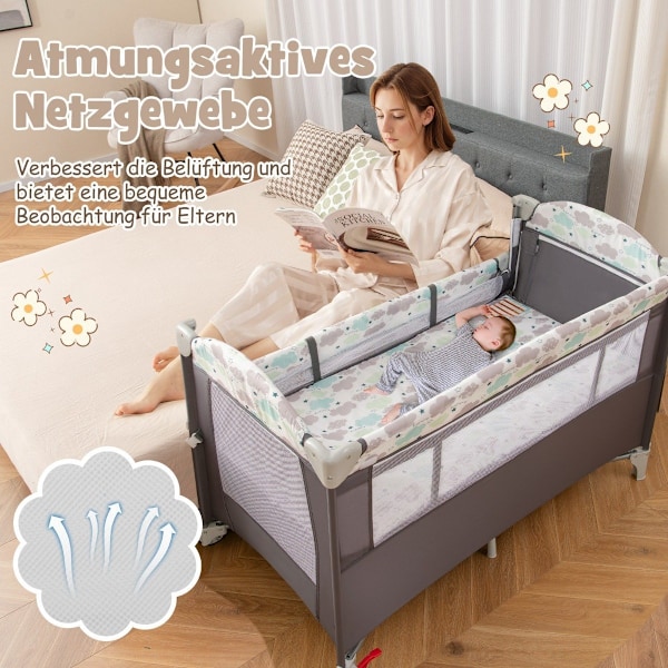 5 in 1 kokoontaitettava sivusänky matkasänky patjalla 2-tasoinen vauvansänky pyörillä harmaa