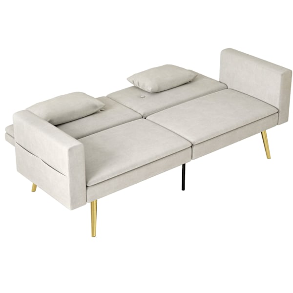 Bäddsoffa, bäddsoffa med justerbart ryggstöd, sidoficka, vadderad 2-sits soffa med sovfunktion, kuddar, för vardagsrum, sovrum, beige