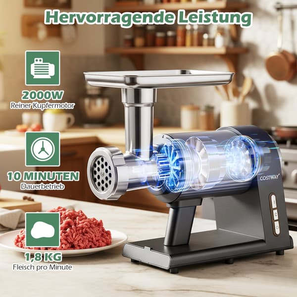 Elektrisk kødhakker 2000W, 3 pølserør, kebabsæt