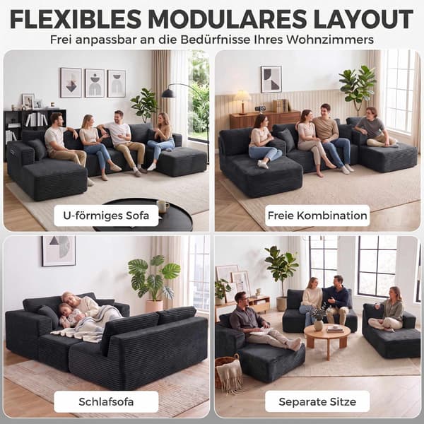 Modulär U-formad bäddsoffa med schäslonger, mörkgrå manschett