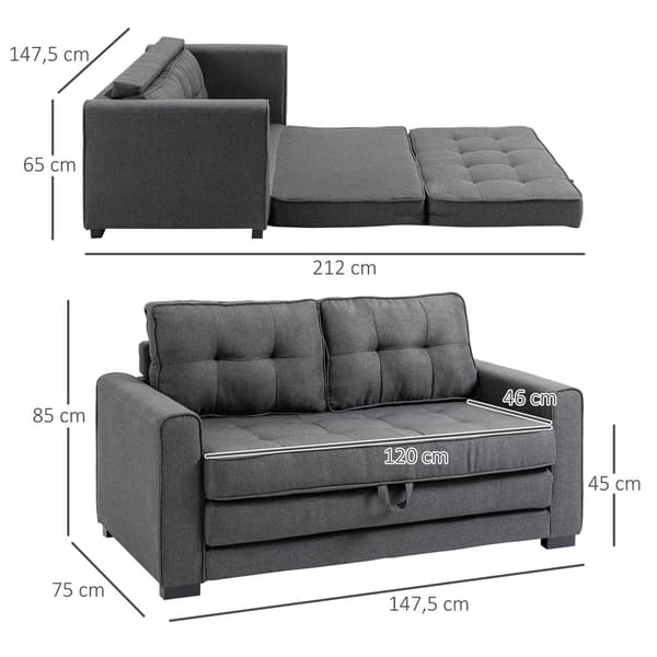 Bäddsoffa, hopfällbar soffa, 2-sits, bäddsoffa med sovfunktion, linnetouch, gummiträ, grå, 147,5x75x85cm