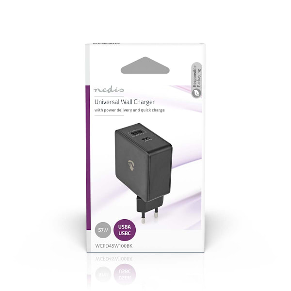 Väggladdare | 57 W | Snabbladdnings funktion | 2.25 A / 2.4 / 3.0 A | Antal utgångar: 2 | USB-A / USB-C™ | Utan kabel | Automatiskt val av Spänning