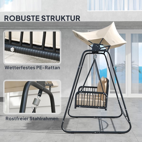 Hollywood Swing Rattan 2-personers havegynge med justerbar solsejlepude Hængebænk Holder op til 240 kg Hængende gyngebænk til havebalkon 149 x 121 x 1