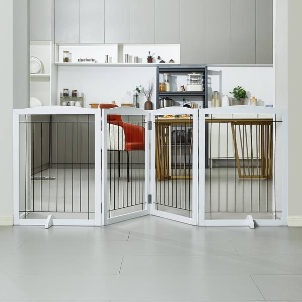 Fristående hundgrind, 86 cm H x 240 cm B, 4 paneler, vit