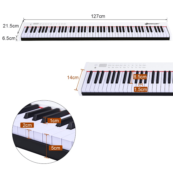 Digitalt piano med 88 tangenter Bärbar elektronisk klaviatur 127 x 21,5 x 6,5 cm Vit + Svart