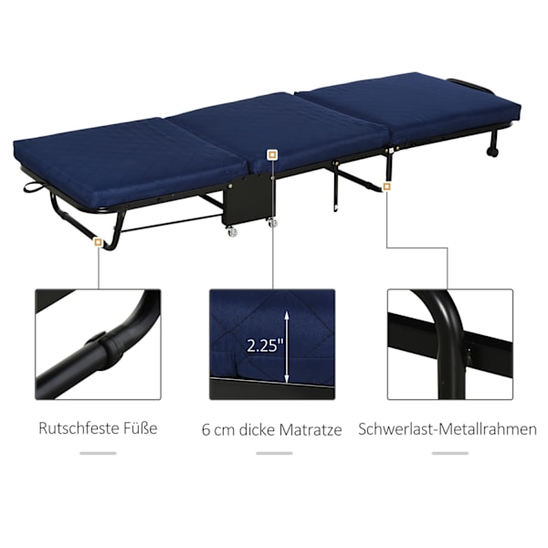 Fällbar gästsäng 2-i-1 Justerbar Sänggavel Höjd Hjul Stålskum Blå 184x65x26cm