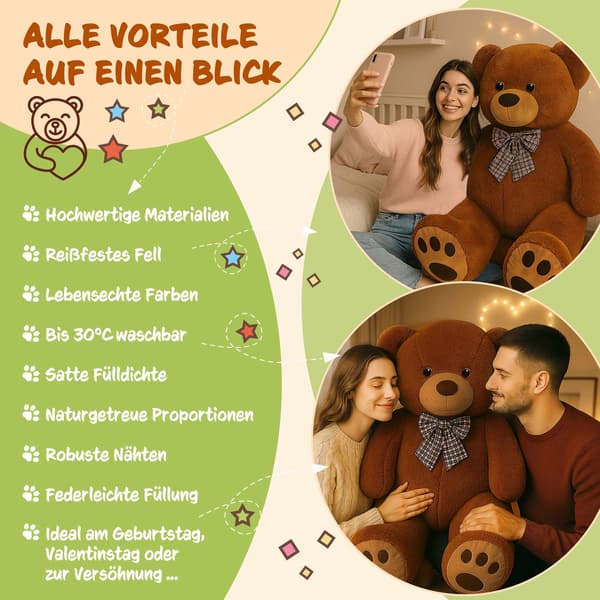 Brun kæmpe bamse, 150 cm, blød polyesterpels