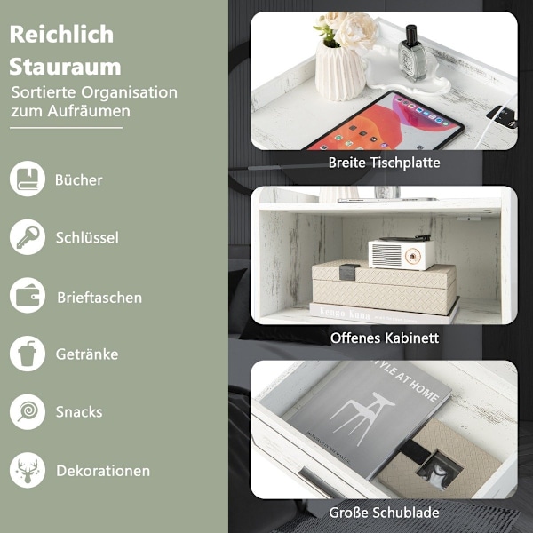 LED sengebord Intelligent natbord med 2 USB-porte Hvid
