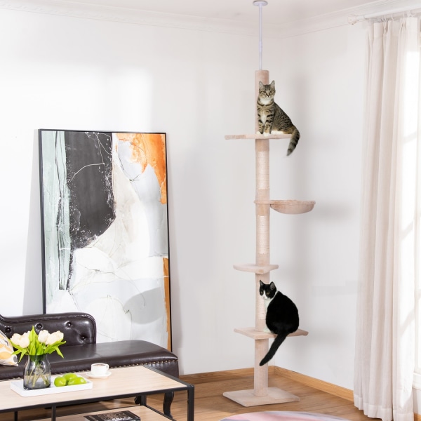 Raaputuspylväs Katto Korkea Beige Korkeussäädettävä Kissapuu Sisalpilareilla, Kiipeilyyn Ja Raapimiseen, 40X34X230-260Cm