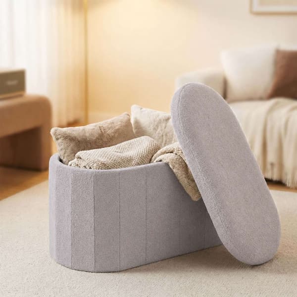 Ljusgrå förvaringsbänk i teddytyg – 76 cm oval
