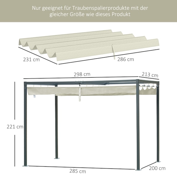 Ersättningstak för 2,85 x 2 m pergola, vattenavvisande infällbart vågtak med regndräneringshål, UV-skydd 30+, vintertätt skuggskydd för trädgård, balk