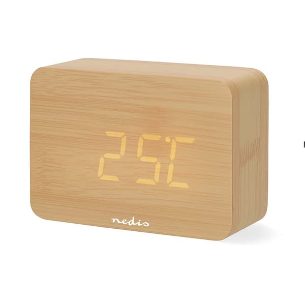 LED digital skrivbordsväckarklocka, trä, snooze- och temperaturdisplay