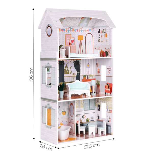 Alice Dollhouse – 3 våningar, 4 rum, set med 9 möbler ECOTOYS