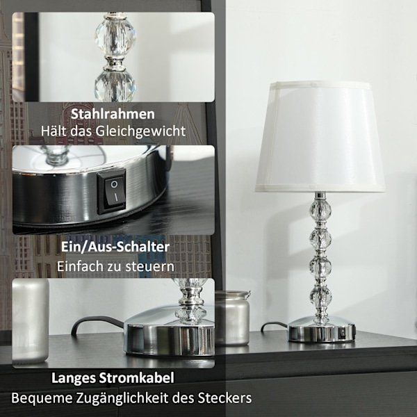 Pöytävalaisin LED-pöytävalaisin USB ladattava, kristalli yöpöytälamppu, lampun kanta E27, olohuoneeseen, makuuhuoneeseen, lasi, hopea 23 x 23 x 45 cm