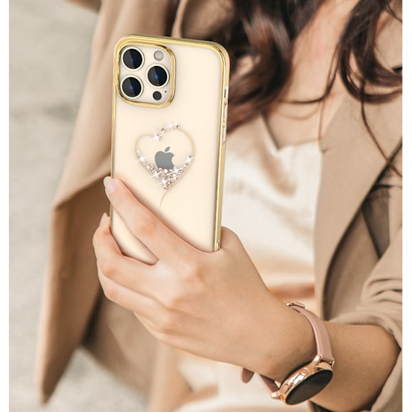 iPhone 14 Plus cover dekoreret med Wish Series krystaller, guld