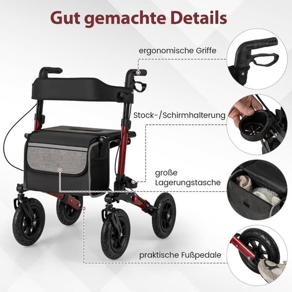 Fällbar lättviktsrollator med luftdäck, röd, 140 kg kapacitet