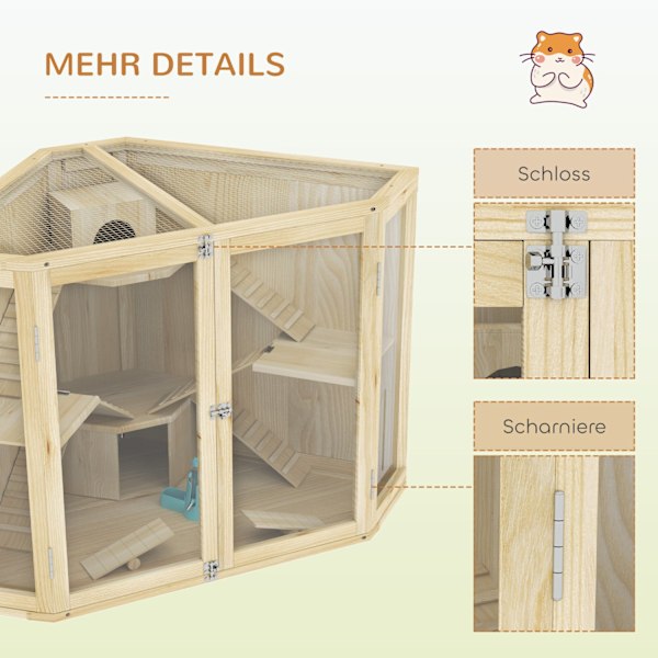 Hamsterbur i træ, smådyrebur med 4 niveauer, foderstation, vippe, rampe, hytter, marsvinebur til dværg- og syriske hamstere, 115 x 69,5 x 79 cm