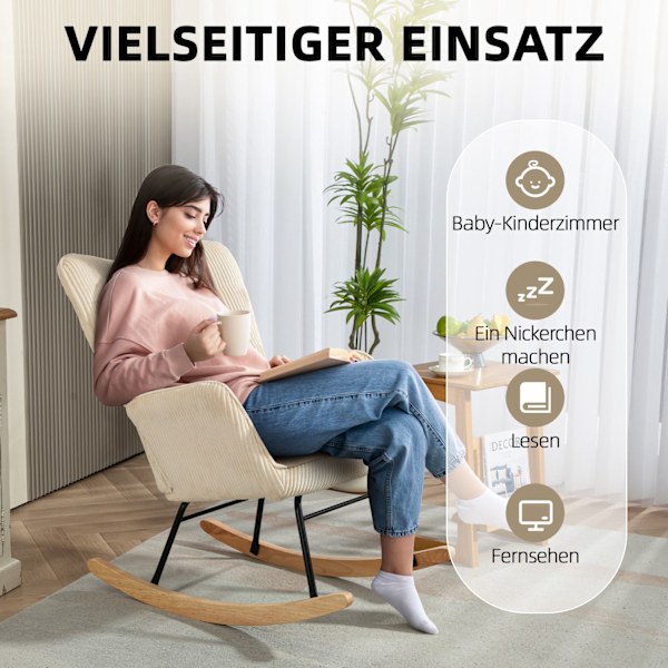 Gungstol, gungstol med sladdlook, armstöd, fåtölj med träskenor, relaxstol för vardagsrum, sovrum, beige