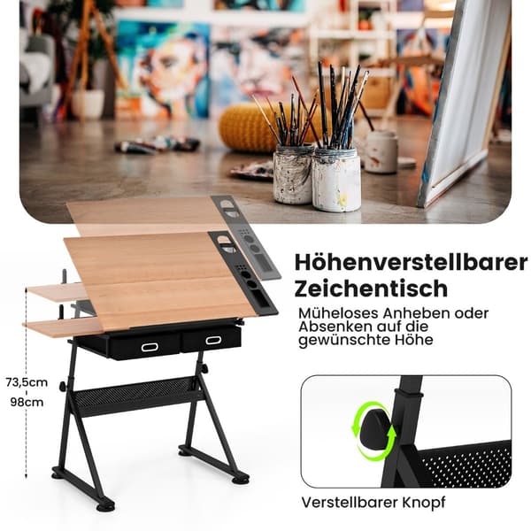 Justerbart tegnebord med skammel, vippebord, opbevaring