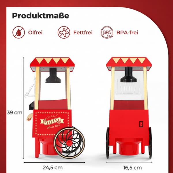 Varmluftspopcornmaskin 1200W, oljefri, retroröd