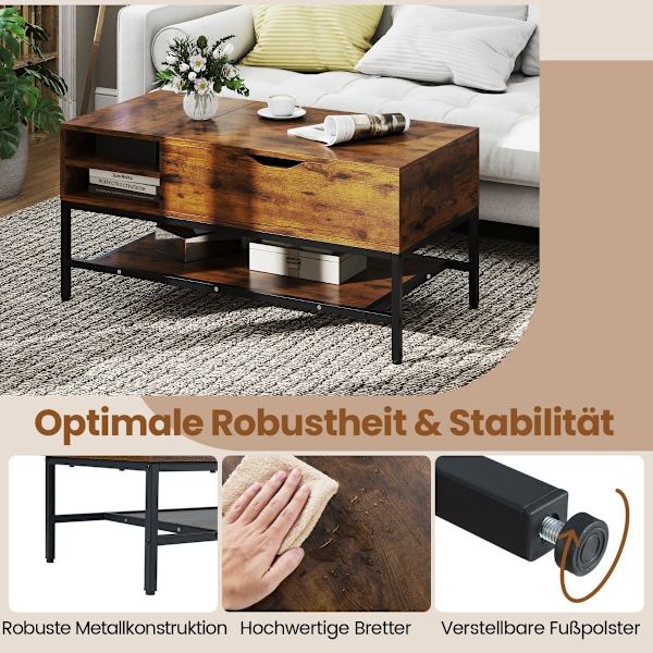 Lyftbart soffbord med dold förvaring, brunt trä
