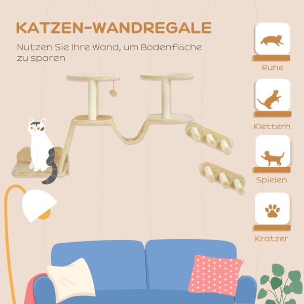 Kattklätterväggsset, 3-delad kattmöbel med skrapstolpe, sittpinnar, stege, trappsteg, skrapbräda, för katter upp till 5 kg, sisal, beige