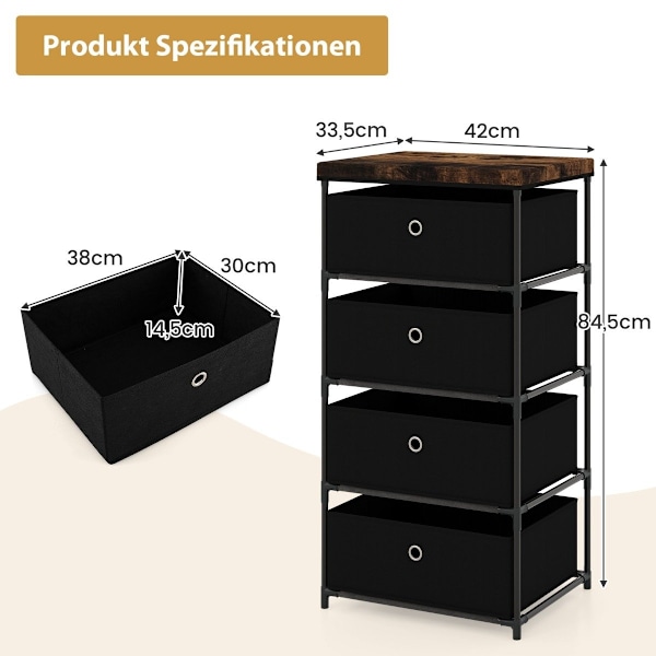 Sengebord med stofskuffer & metalstel sidebord opbevaringsskab sort